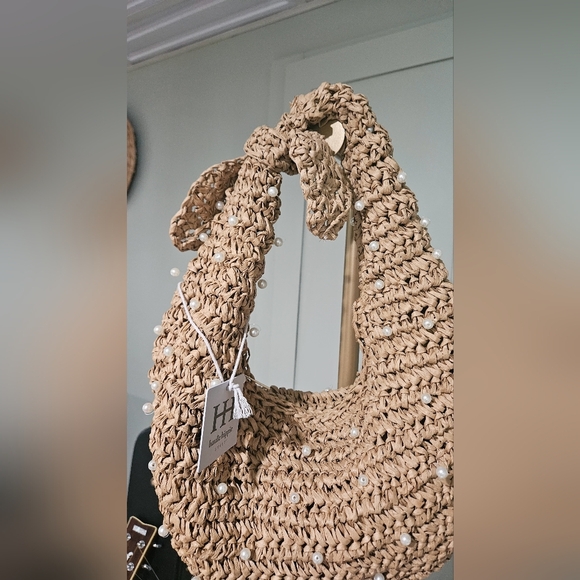 HAUTE HIPPIE Woven Straw Slouchy Shoulder Bag With Pearl Accents. Tan. NWT - Picture 9 of 13